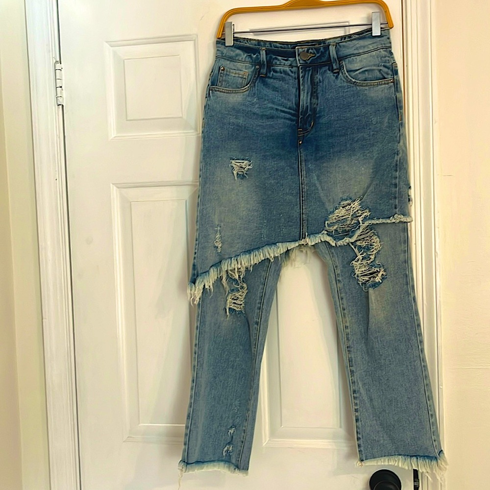 Jeans jean skirt over jeans, distressed flared legs, but cropped , very bohemian
